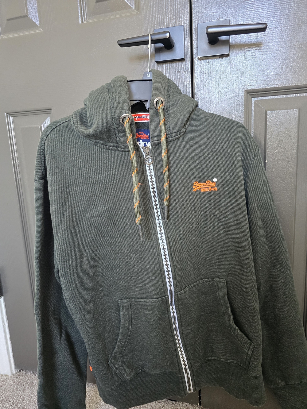 Superdry Men's Olive Green Zip-Up Hoodie with Orange Accents